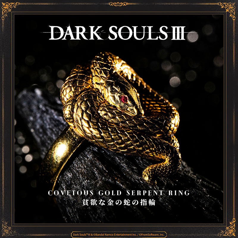 Covetous Gold Serpent Ring
A gold ring depicting a snake that could have been, but never was, a dragon. Fallen foes are more likely to drop items.  Snakes are known as creatures of great avarice, devouring prey even larger than themselves by swallowing them whole.  If one's shackles are cause for discontent, perhaps it is time for some good old fashioned greed.
PRODUCT PARAMETER
Brand: STARFORGED
Name: Covetous Gold Serpent Ring
Material: 18K Gold (Gold Version) / Brass (Brass Version)
Size: Hei